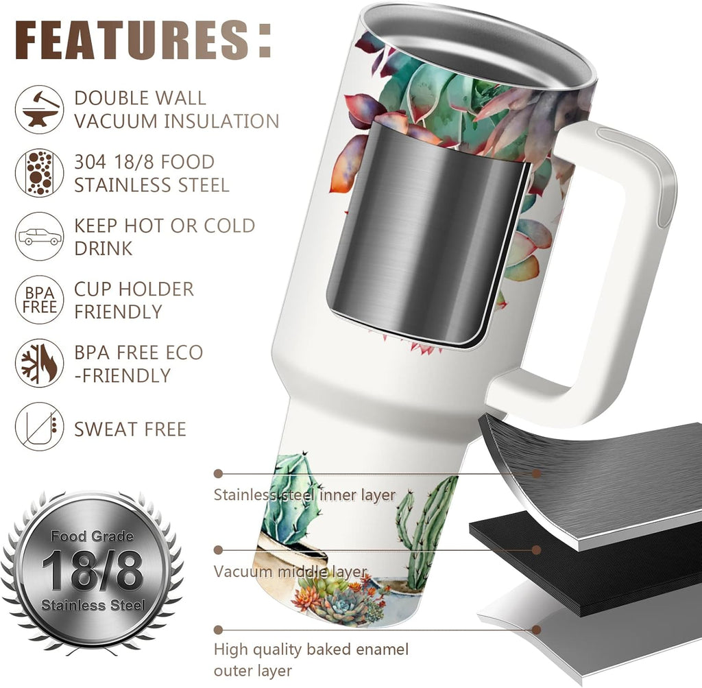 Succulents 40oz Stainless Steel Travel Mug Tumbler with Handle, Double Wall Vacuun Insulated Cup with Lid and Straw