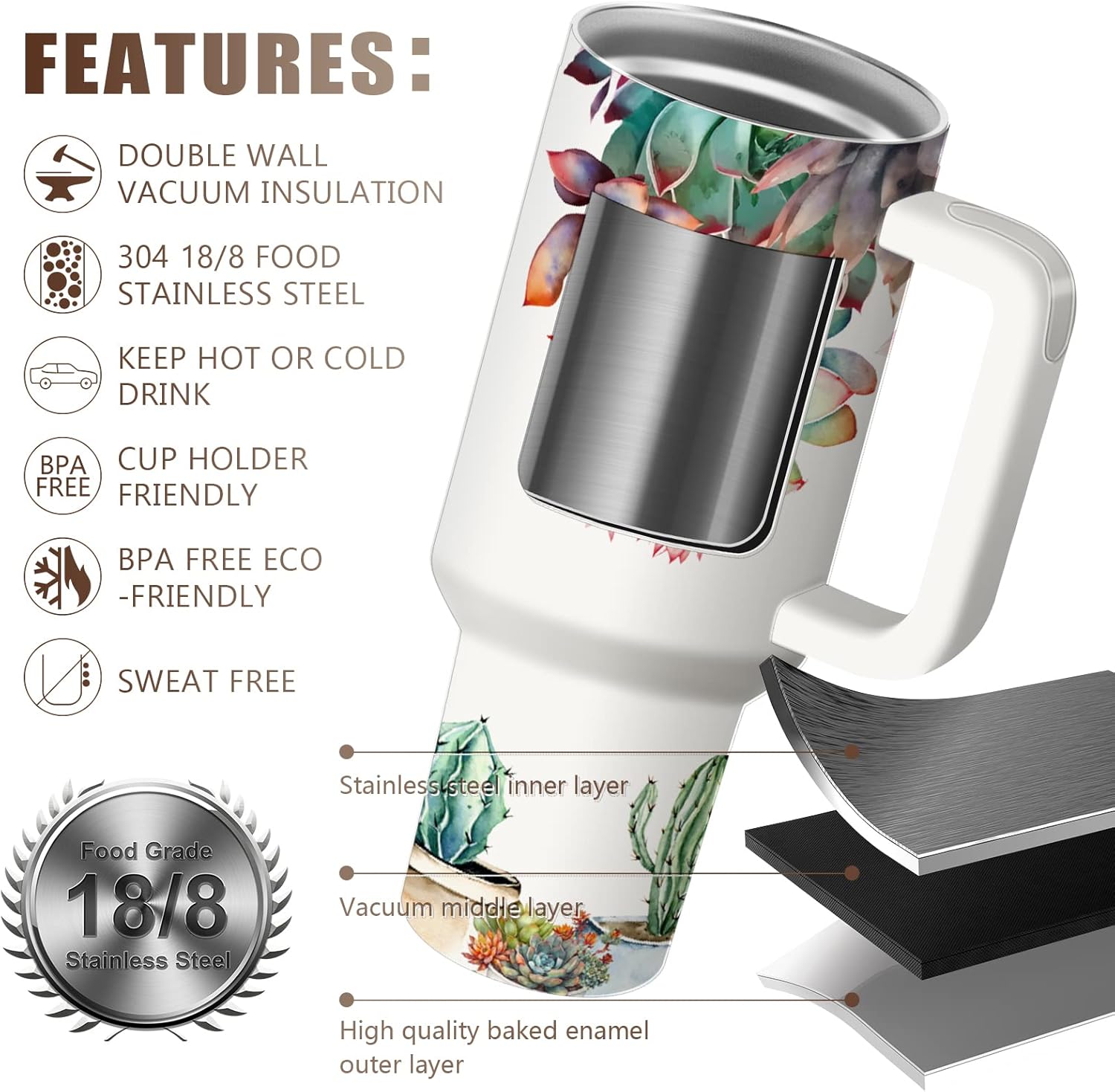 Succulents 40oz Stainless Steel Travel Mug Tumbler with Handle, Double Wall Vacuun Insulated Cup with Lid and Straw
