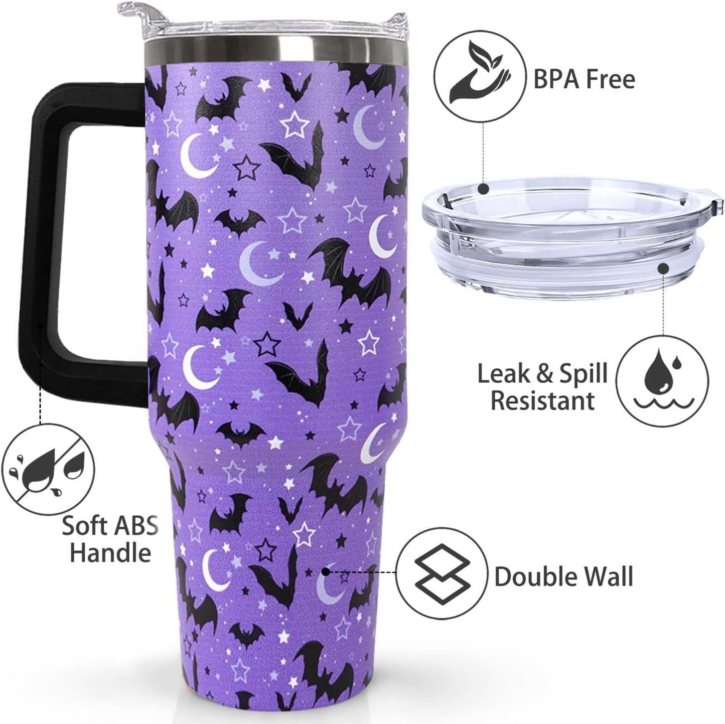40 oz Bat Coffee Mug Cup Vacuum Insulated Travel Tumbler with Handle Lid and Straw,Gothic Gifts,Halloween Accessories Stuff