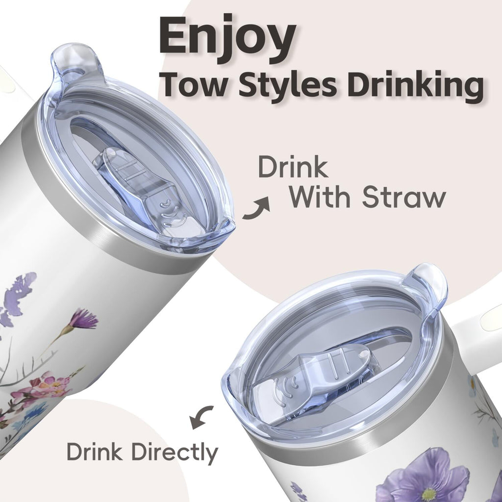 20oz Floral Design Cup with Handle, Insulated Stainless Steel Travel Tumbler, Comes with Straw and Leak-proof Cover, Her New Favorite