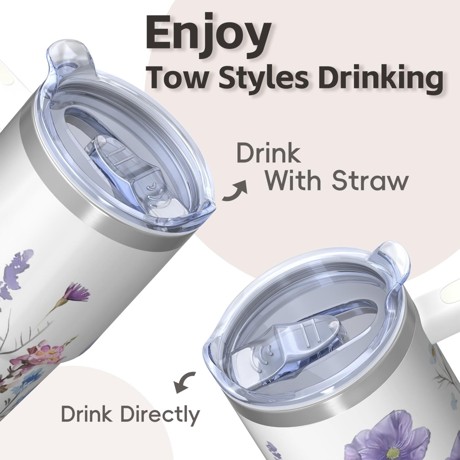 20oz Floral Design Cup with Handle, Insulated Stainless Steel Travel Tumbler, Comes with Straw and Leak-proof Cover, Her New Favorite