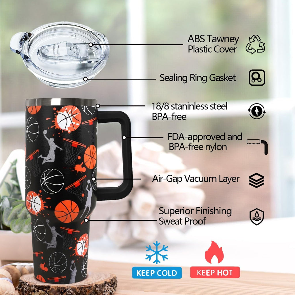 40 oz Basketball Coffee Mug Cup Vacuum Insulated Travel Tumbler with Handle Lid and Straw,Basketball Coach Gifts,Accessories Stuff