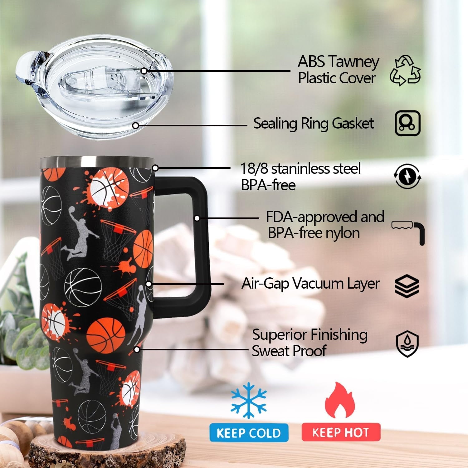 40 oz Basketball Coffee Mug Cup Vacuum Insulated Travel Tumbler with Handle Lid and Straw,Basketball Coach Gifts,Accessories Stuff