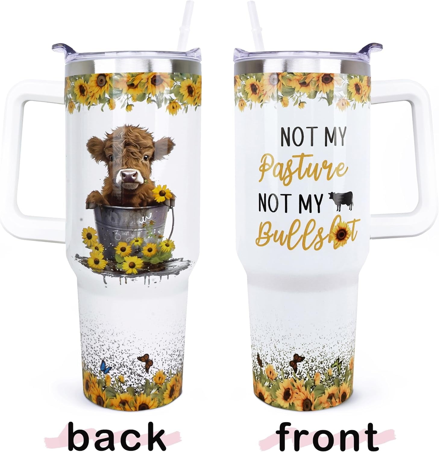 40 oz Tumbler with Handle and Straw, Highland Cow Tumbler with Leak Proof Lid, Reusable Stainless Steel Insulated Travel Coffee Mug, Highland Cow Gifts for Cow Lovers