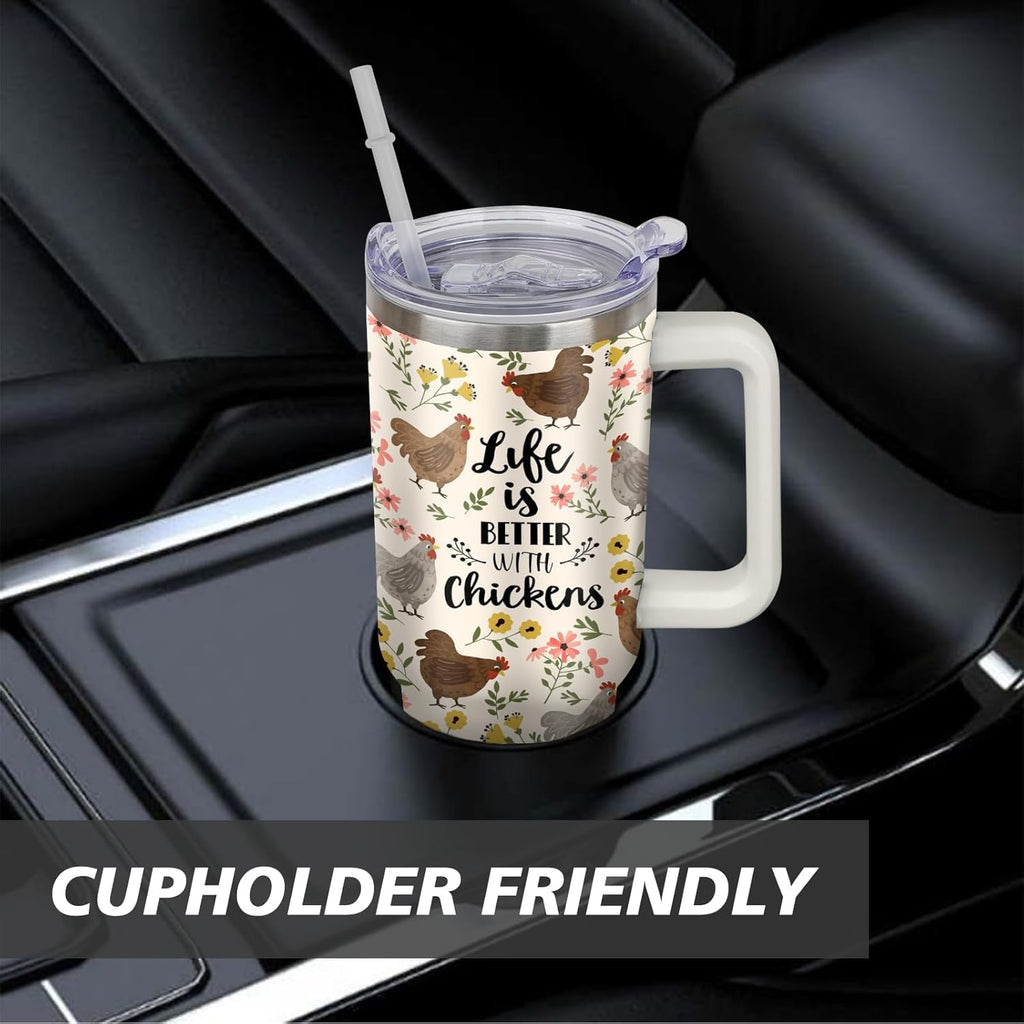 30 oz Chicken Tumbler with Handle and Straw, Floral Rooster Stainless Steel Vacuum Insulated Travel Coffee Mug Cup Water Bottle, Chicken Stuff Accessories Decor, Rooster Gifts for Women Girls