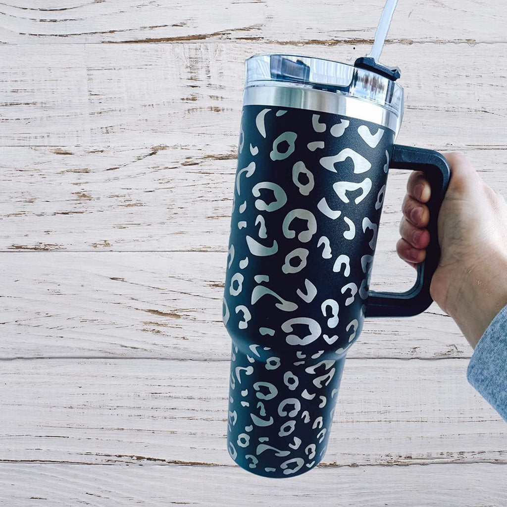 Lashicorn 40 Oz. Tumbler with Handle and Straw Black Leopard Silver 10 tall Cup lid included Insulated Stainless Steel Vacuum Travel Mug Boutique Cheetah Print