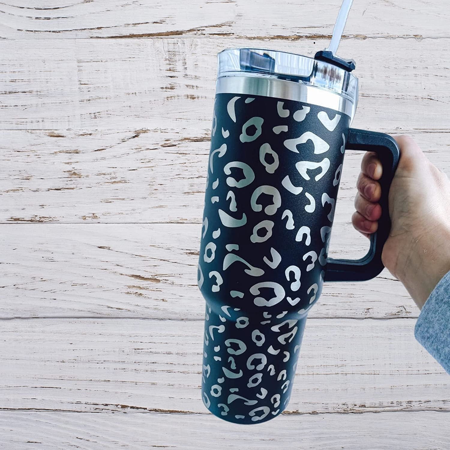 Lashicorn 40 Oz. Tumbler with Handle and Straw Black Leopard Silver 10 tall Cup lid included Insulated Stainless Steel Vacuum Travel Mug Boutique Cheetah Print