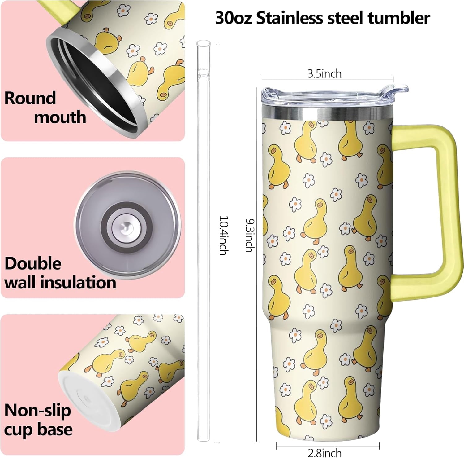 30 oz Duck Tumbler with Handle and Straw, Insulated Stainless Steel Cup with Lid, Travel Coffee Mug Water Bottle, Gifts for Woman Animal Lovers