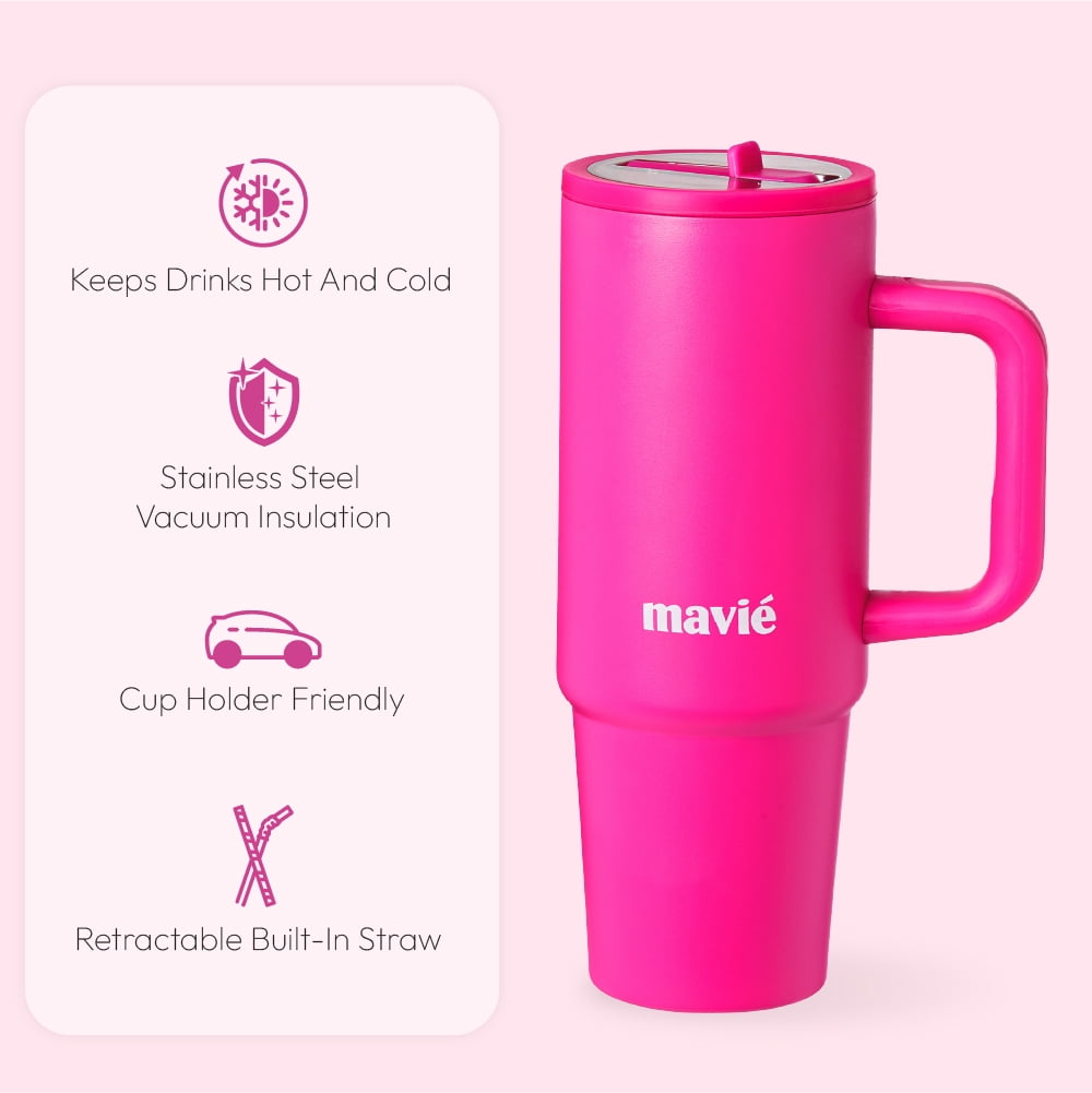 MAVIÉ 40oz Tumbler With Handle & Built-In Flip Straw, Double Insulated Stainless Steel Water Bottle With Leakproof Clear Lid, Scratch Resistant, Reusable Cup Holder Friendly Travel Coffee Mug (Pink)