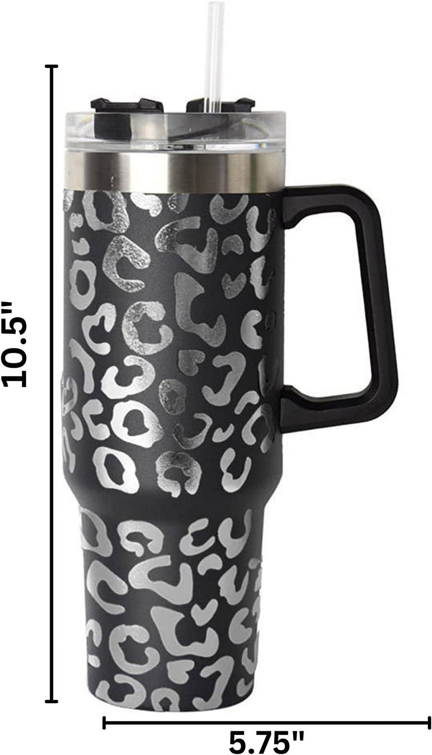 Lashicorn 40 Oz. Tumbler with Handle and Straw Black Leopard Silver 10 tall Cup lid included Insulated Stainless Steel Vacuum Travel Mug Boutique Cheetah Print