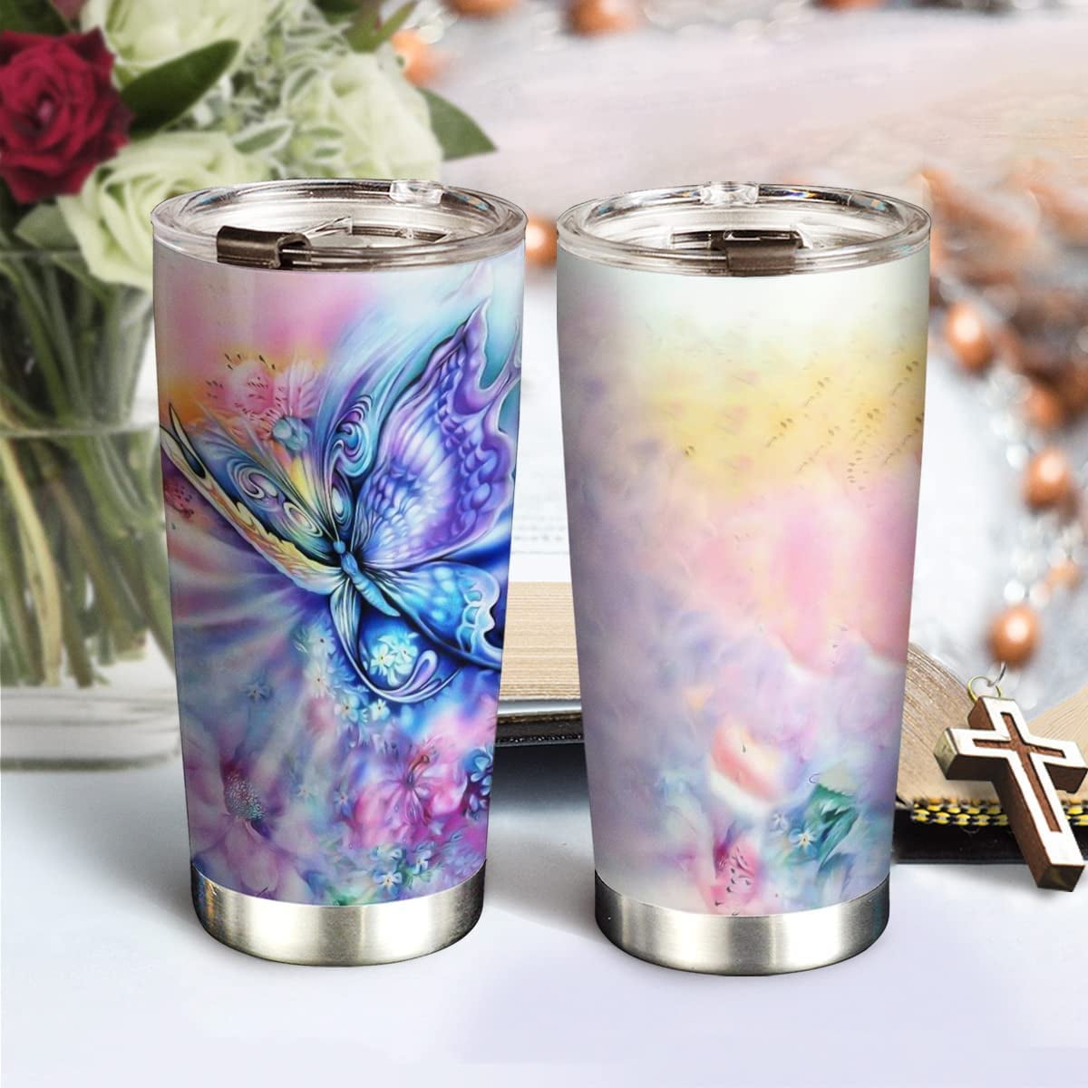 20oz Butterfly Gifts for Women, Valentines Day Gifts for Her, Coffee Thermos For Women, Coffee Gifts for Women, Colorful Rainbow Butterfly Tumbler Cup, Insulated Travel Coffee Mug with Lid