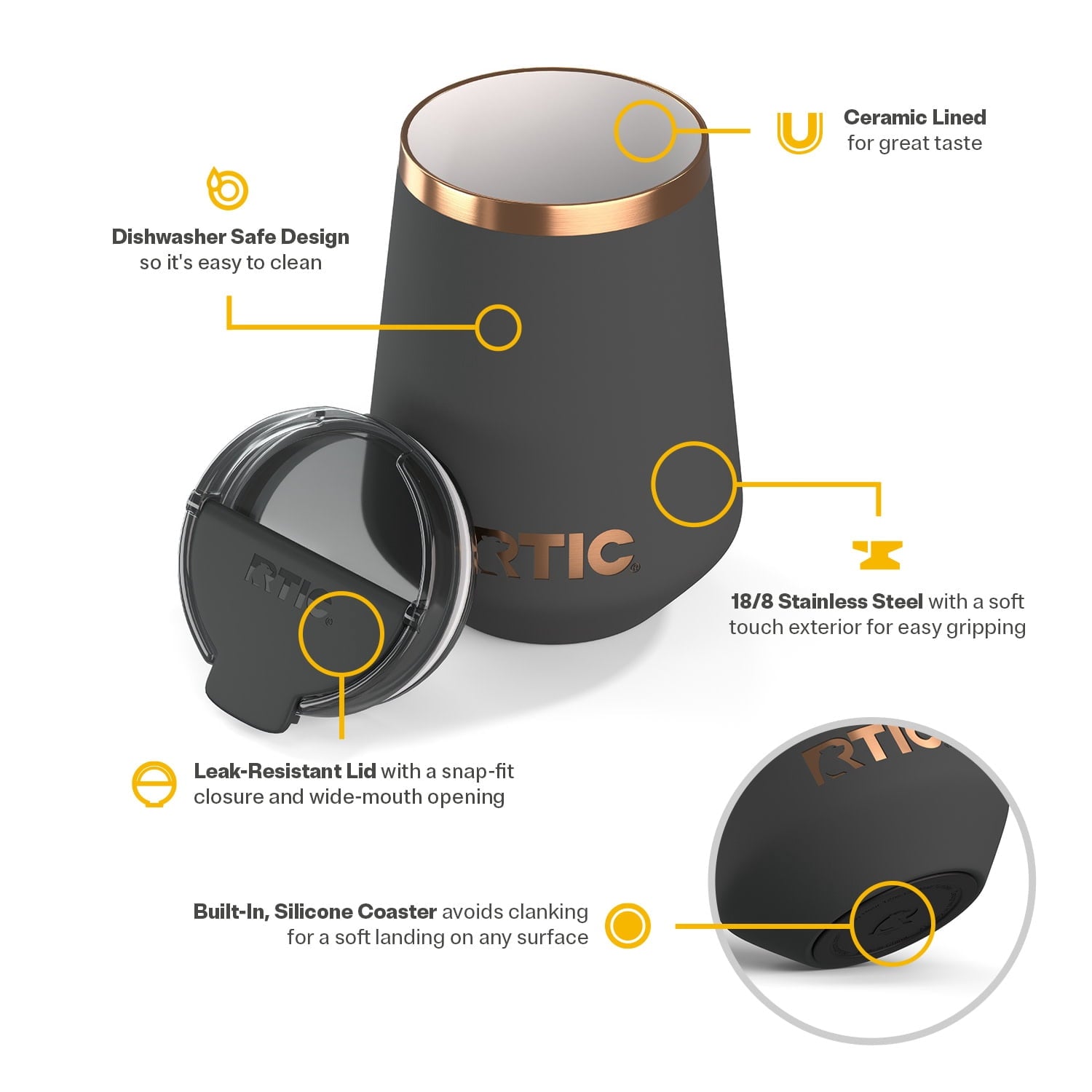 RTIC 12 oz Ceramic Lined Insulated Happy Hour Wine Tumbler, Leak Resistant Lid, Soft-Touch Exterior, Light Black