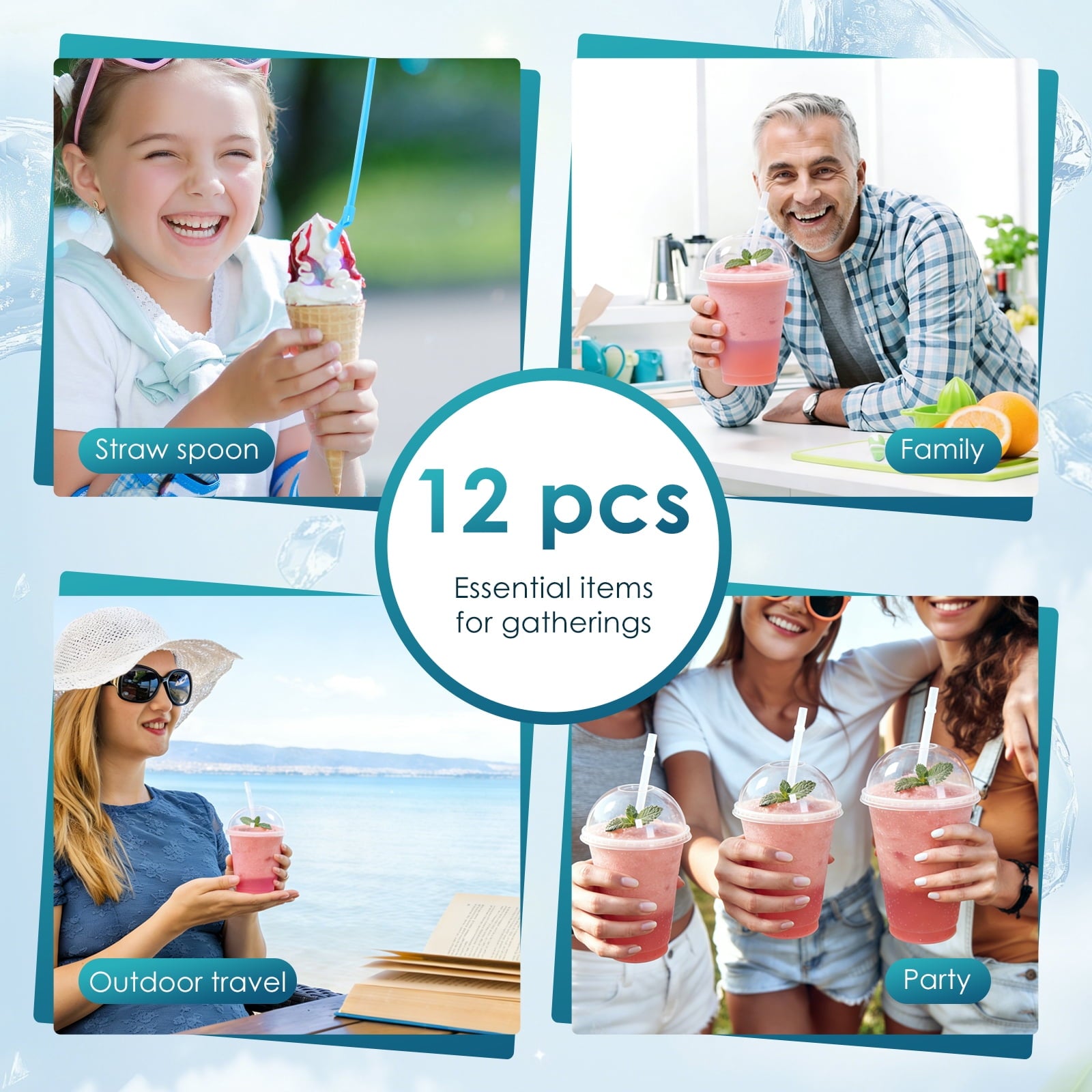 12 Sets Slushy Maker Cup Plastic Cup Slushie Cups with Dome Lids and Straws Reusable 16 oz Plastic Iced Coffee Cups Smoothie Tumbler for Birthdays Summer Party Supplies
