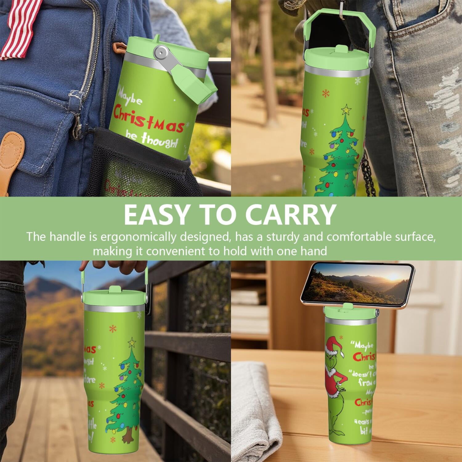 30oz Stainless Steel Tumbler with Lid and Straw,Spill Proof Travel Cup Double Wall Vacuum Insulated Coffee Mug with Top Handle Light-green
