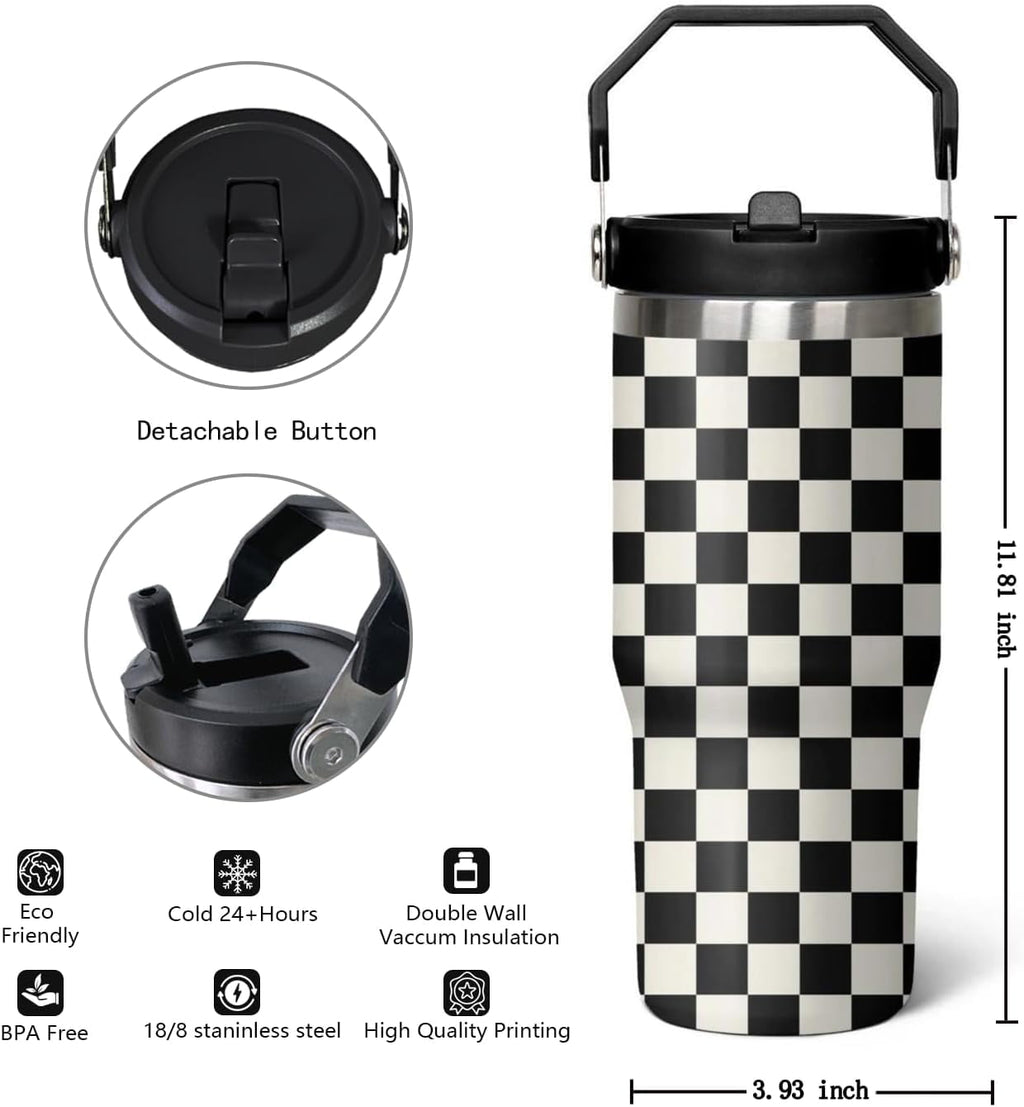 30 Oz Black and White Checkered Tumbler with Flip Lid, Handle & Straw - Insulated Travel Mug, Water Bottle, Coffee Cup - Gifts for Women & Men