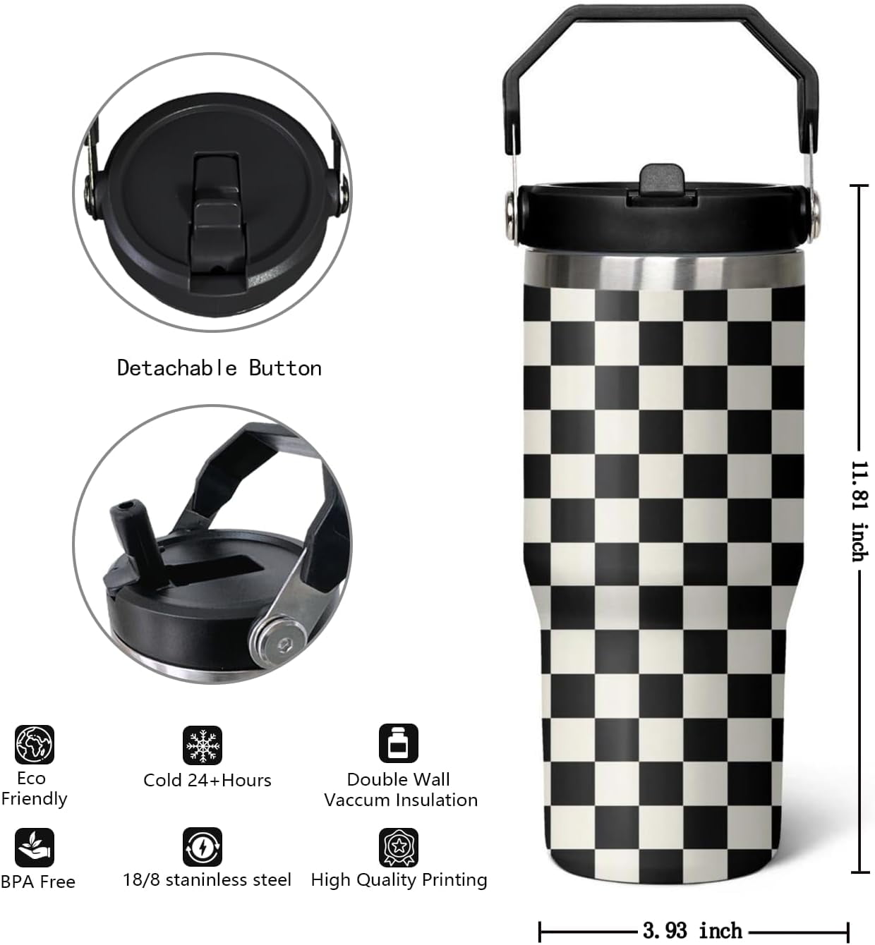 30 Oz Black and White Checkered Tumbler with Flip Lid, Handle & Straw - Insulated Travel Mug, Water Bottle, Coffee Cup - Gifts for Women & Men