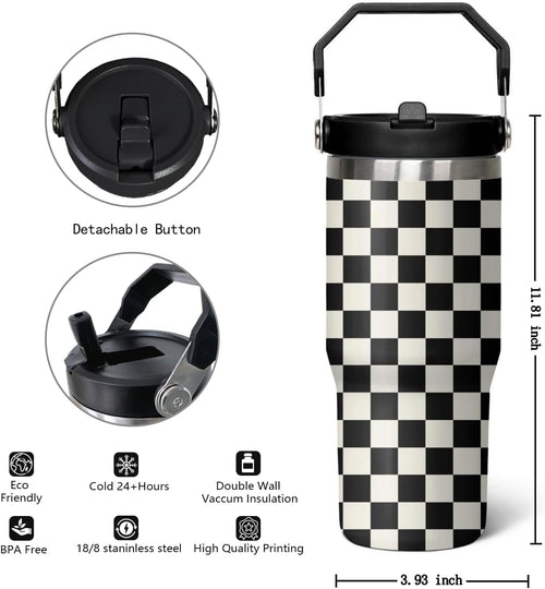 30 Oz Black and White Checkered Tumbler with Flip Lid, Handle & Straw - Insulated Travel Mug, Water Bottle, Coffee Cup - Gifts for Women & Men