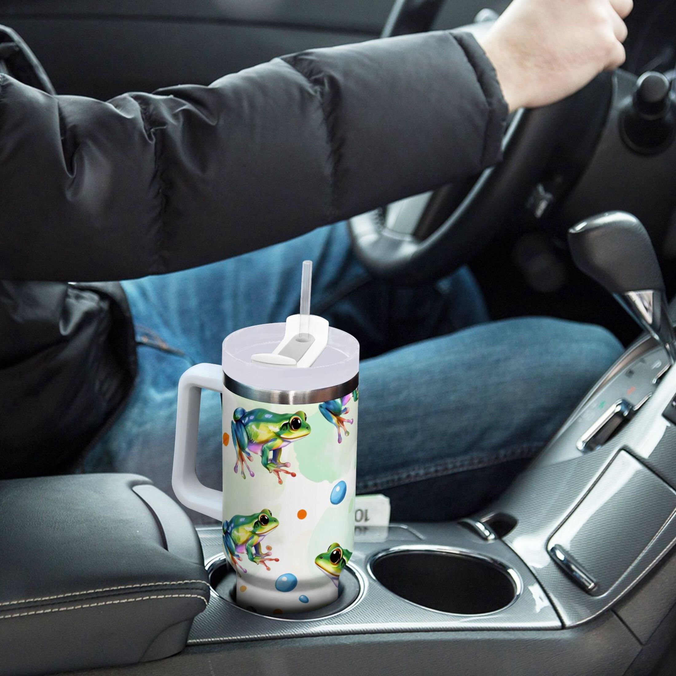 Ryvnso 40 oz Tumbler with Handle and Straw Cartoon Frogs Green Insulated Stainless Steel Travel Mug with Lid
