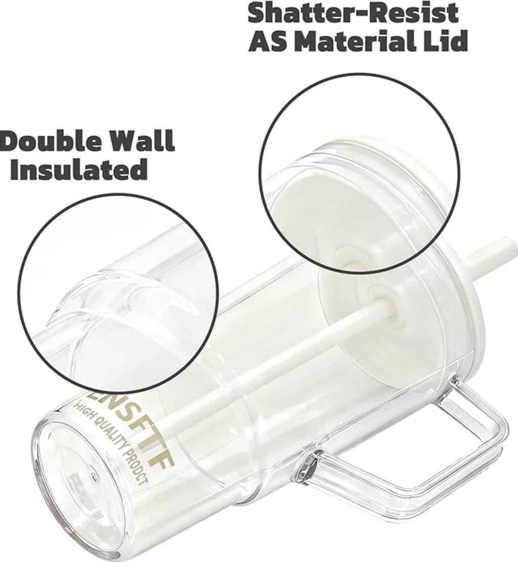 40 oz Insulated Clear Tumbler with Handle, Lid, and Straw | Reusable | Suitable for Hot & Cold Drinks | Double-Walled Plastic Water Bottle | Leak-Proof | BPA-Free | White
