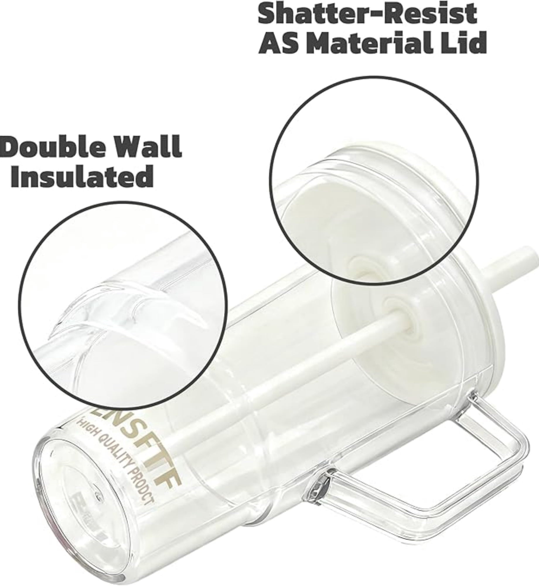 40 oz Insulated Clear Tumbler with Handle, Lid, and Straw | Reusable | Suitable for Hot & Cold Drinks | Double-Walled Plastic Water Bottle | Leak-Proof | BPA-Free | White