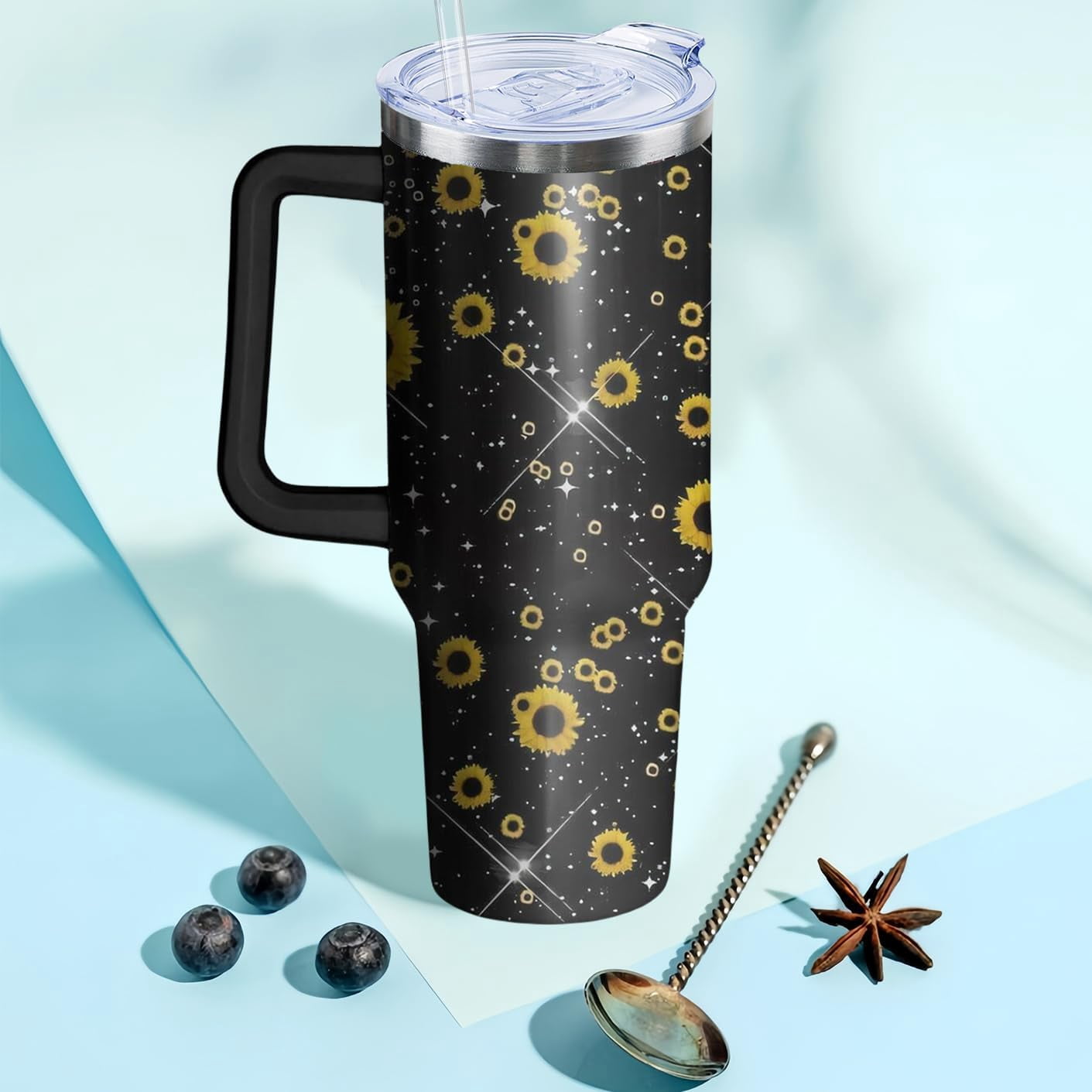 40oz Sunflower Tumbler with Handle and Straw, Shiny Stainless Steel Insulated Cup with Lid and Straw, Travel Coffee Mug Water Bottle, Birthday Mothers Day Gifts for Women Men Flowers Lovers
