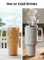 Thirstee 40 oz Rhinestone Tumbler with Handle and Metal Straw Lid, White Bling Insulated Travel Mug