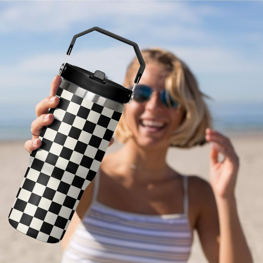 30 Oz Black and White Checkered Tumbler with Flip Lid, Handle & Straw - Insulated Travel Mug, Water Bottle, Coffee Cup - Gifts for Women & Men