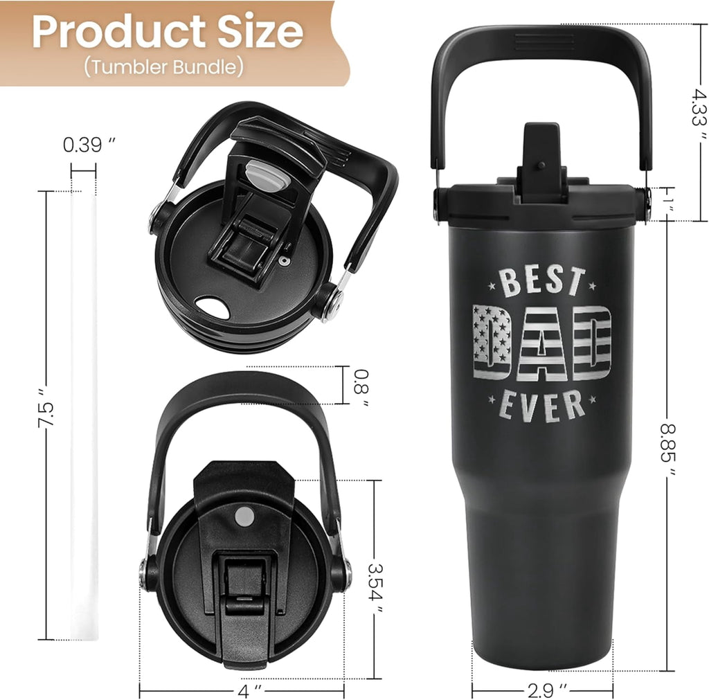 Best Dad Ever Tumbler 30oz with Carry Handle, Stainless Steel Insulated Tumblers Travel Cup with Flip Straw Lid, Gifts for Dad from Daughter Son, Dads Gift for Birthday Christmas Fathers Day