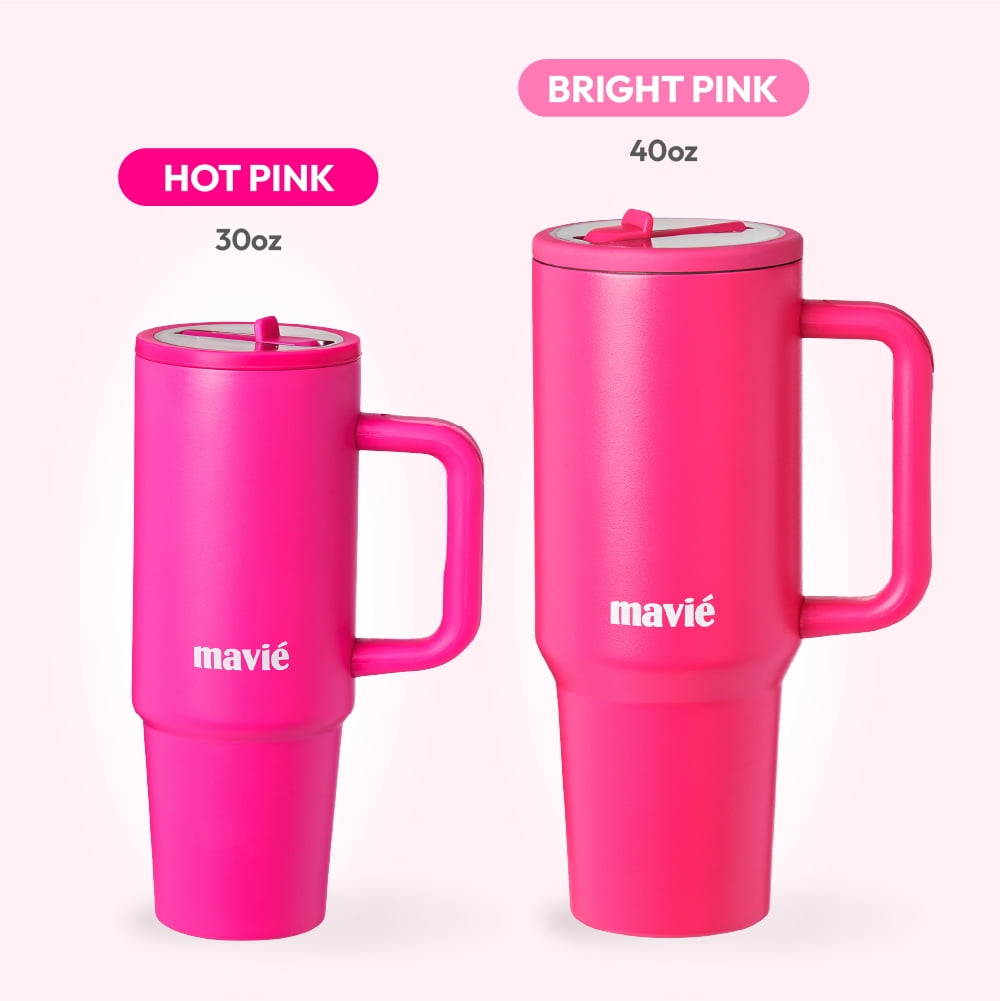 MAVIÉ 40oz Tumbler With Handle & Built-In Flip Straw, Double Insulated Stainless Steel Water Bottle With Leakproof Clear Lid, Scratch Resistant, Reusable Cup Holder Friendly Travel Coffee Mug (Pink)
