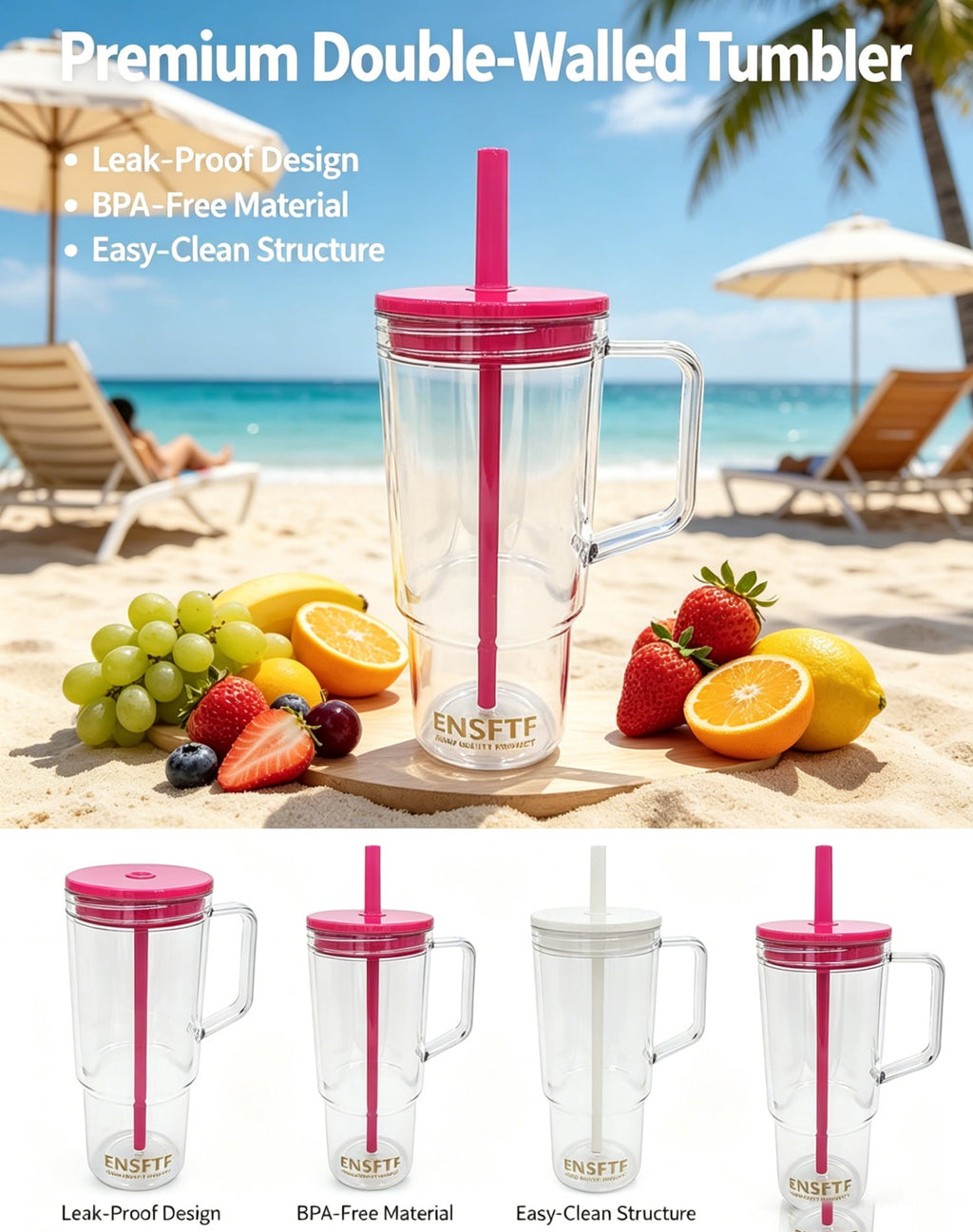 40oz Insulated Clear Tumbler with Handle and Lid & Straw, Reusable Travel Mug for Cold and Hot Drinks, Double-Wall Plastic Water Bottle | Crystal-Clear | Car Cup Holder Fit | Leakproof | BPA-Free