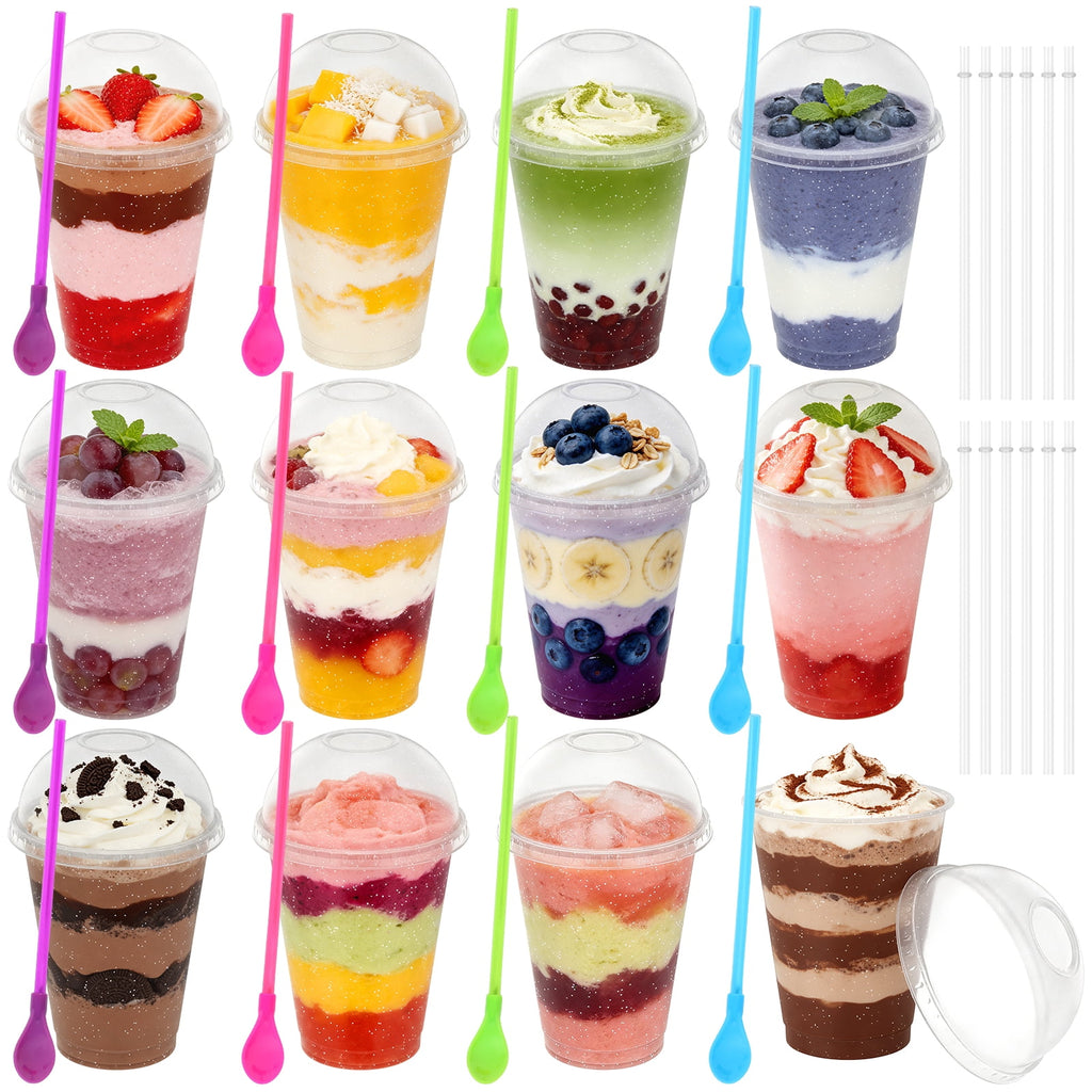 12 Sets Slushy Maker Cup Plastic Cup Slushie Cups with Dome Lids and Straws Reusable 16 oz Plastic Iced Coffee Cups Smoothie Tumbler for Birthdays Summer Party Supplies