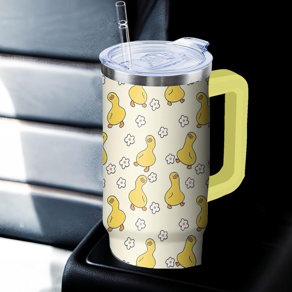 30 oz Duck Tumbler with Handle and Straw, Insulated Stainless Steel Cup with Lid, Travel Coffee Mug Water Bottle, Gifts for Woman Animal Lovers