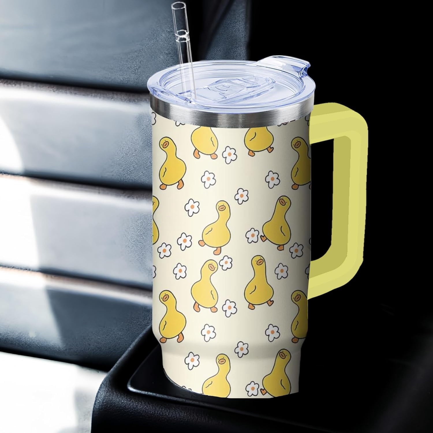 30 oz Duck Tumbler with Handle and Straw, Insulated Stainless Steel Cup with Lid, Travel Coffee Mug Water Bottle, Gifts for Woman Animal Lovers