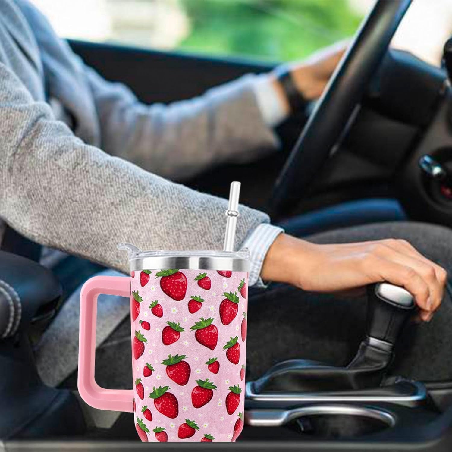 Strawberry Cup 40 OZ Tumbler with Handle and Straw Lid Leak Proof - Strawberry Travel Coffee Mug with Handle Insulated for Hot Cold Ice - Birthday Gifts for Women Stainless Steel Cup