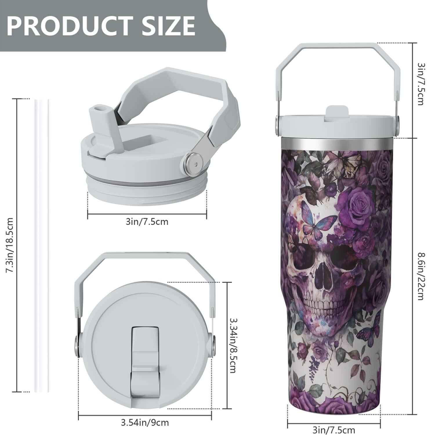 1pc Halloween Skull 30oz Tumbler with Straw & Handle - Insulated Stainless Steel Cup | Holiday Gift for Man Women (Christmas, Valentine's, Birthday)