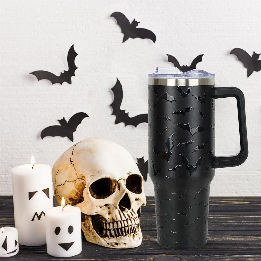 40 oz Halloween Tumbler with Lid and Straw - 5D Bat Print Tumblers with Handle Halloween Stainless Steel Insulated Travel Cup Black Coffee Cups Gifts for Women Men Adults