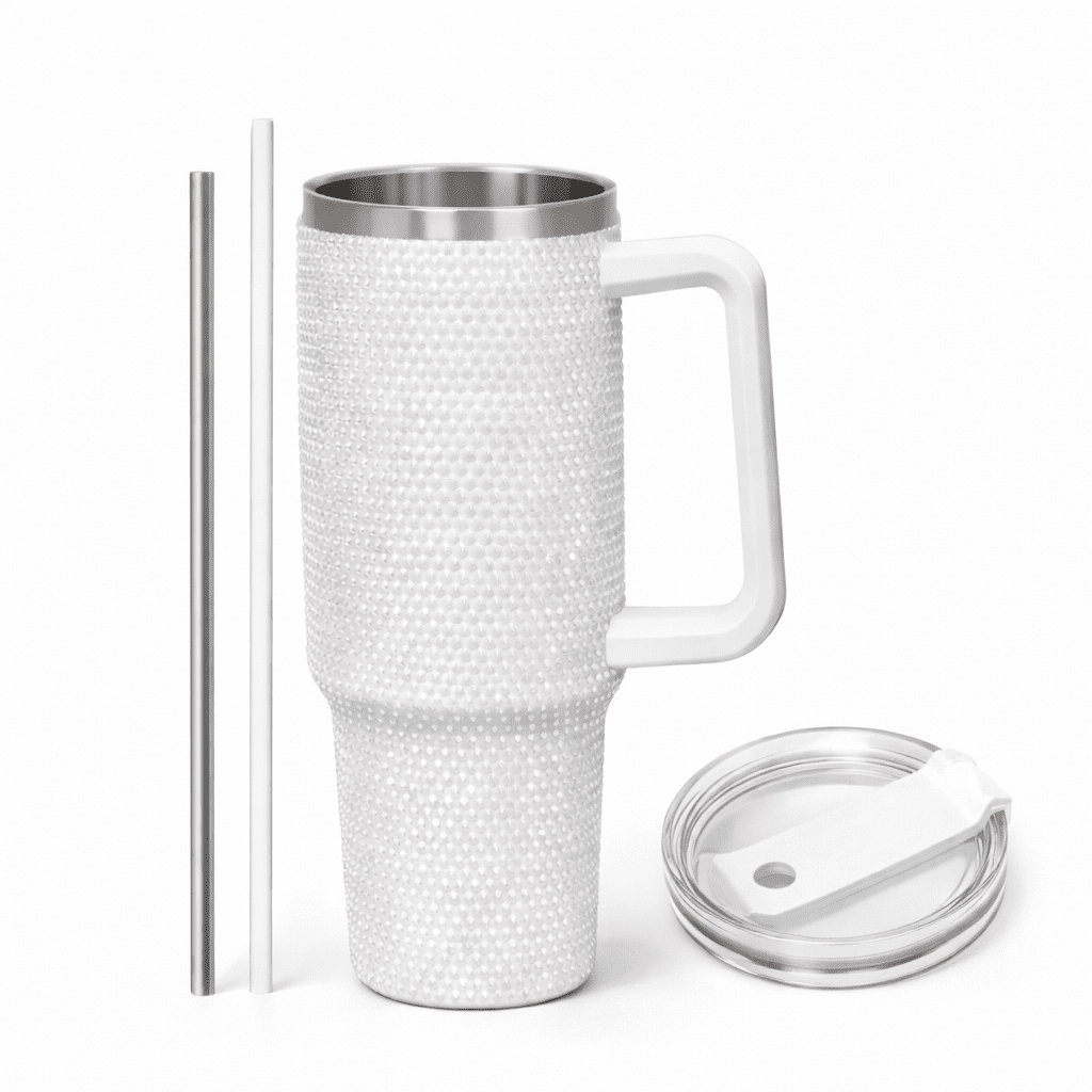 Thirstee 40 oz Rhinestone Tumbler with Handle and Metal Straw Lid, White Bling Insulated Travel Mug