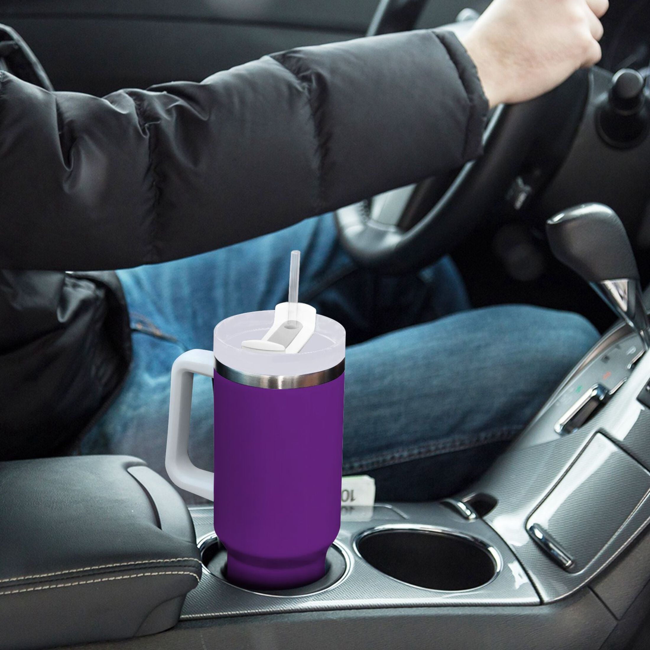 Ryvnso 40 oz Tumbler with Handle and Straw Insulated Stainless Steel Travel Mug with Lid Purple Solid Color