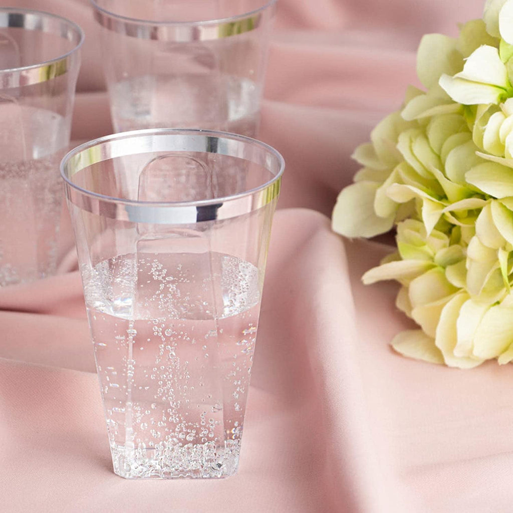 Disposable 10 oz Square Crystal Clear Plastic Tumblers with Silver Rim - Elegant Disposable Hard Plastic Cups Silver Rimmed - For Party, Weddings, Baby Showers, Events, Fancy Catering Cups (100 Pack)