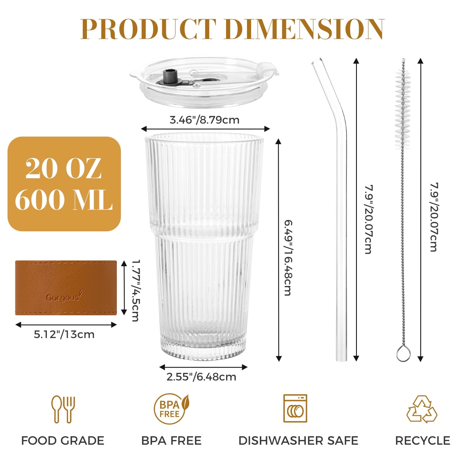 2 Pack Ribbed Glass Tumblers with Lids and Straws, 20oz Vintage Iced Coffee Cups, Clear Drinking Glasses