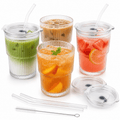 14 oz Ribbed Glass Tumblers with Lids and Glass Straws – 4-Piece Glassware Set, Thickened Wall, Ideal for Iced Coffee, Smoothies, Cocktails, and Juices – Elegant and Durable Drinkware
