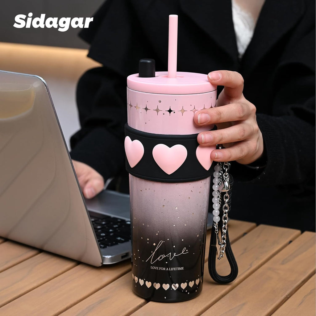 Sidagar 24oz Ceramic Coated Insulated Tumbler with Straw, Gift Travel Mug for Women and Couples, Pink
