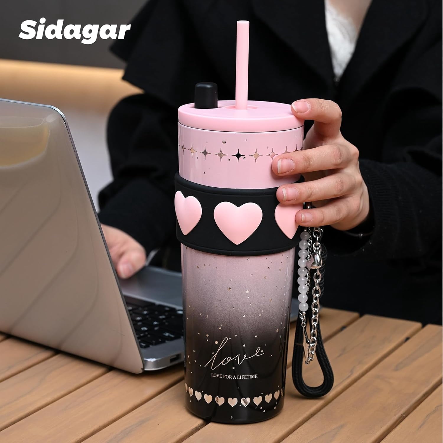 Sidagar 24oz Ceramic Coated Insulated Tumbler with Straw, Gift Travel Mug for Women and Couples, Pink