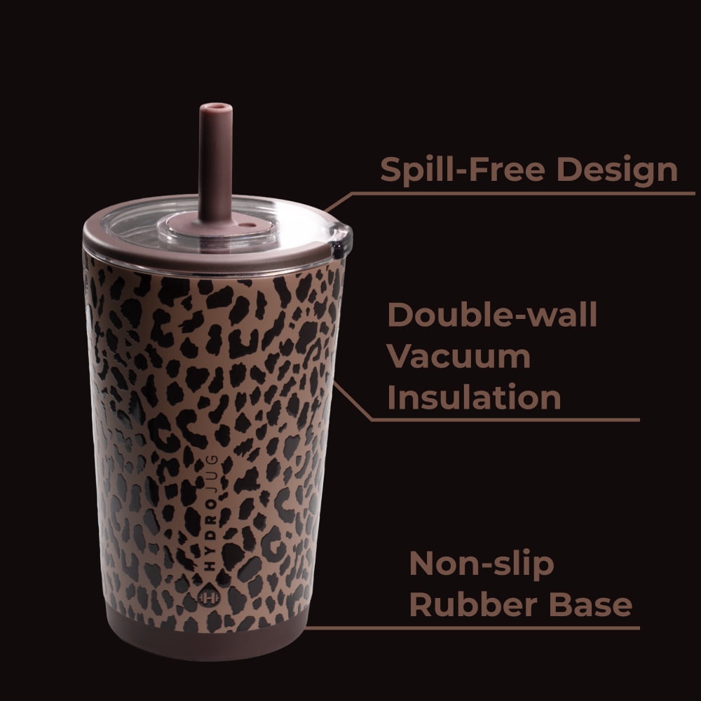 HydroJug Everyday Tumbler – Ceramic-Lined Insulated Tumbler with Straw and Soft-Touch Lid, Cup Holder Friendly – 14 oz, Brown Leopard