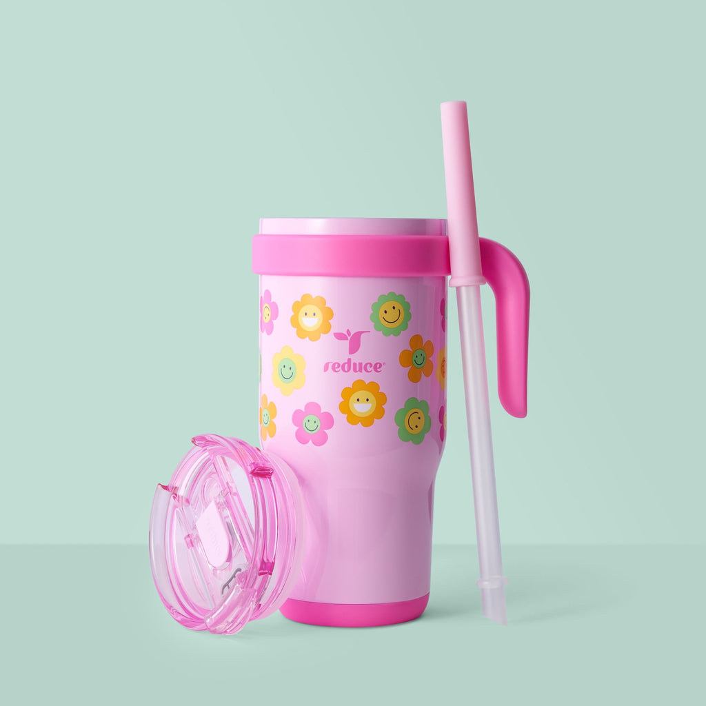 Reduce Coldee Kids Insulated Tumbler with Straw, 18oz Stainless Steel Spill-Proof Cup with Handle, Smiles