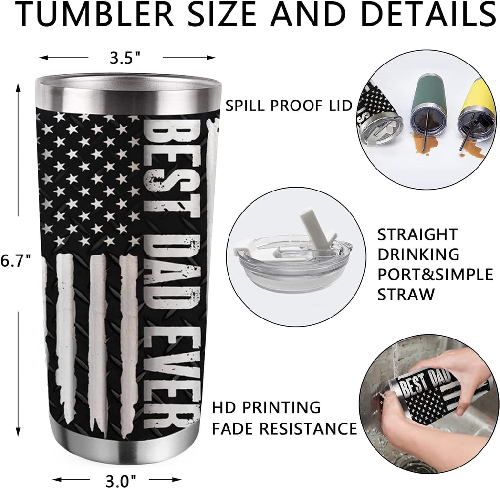 Best Dad Ever Insulated Vacuum Tumbler with Lid, Father''s Day Gifts for Dad Papa Grandpa, Mechanic Toolbox American Flag Funny Stainless Steel Double Wall Cup, 20 oz Travel Detachable Straw Mug