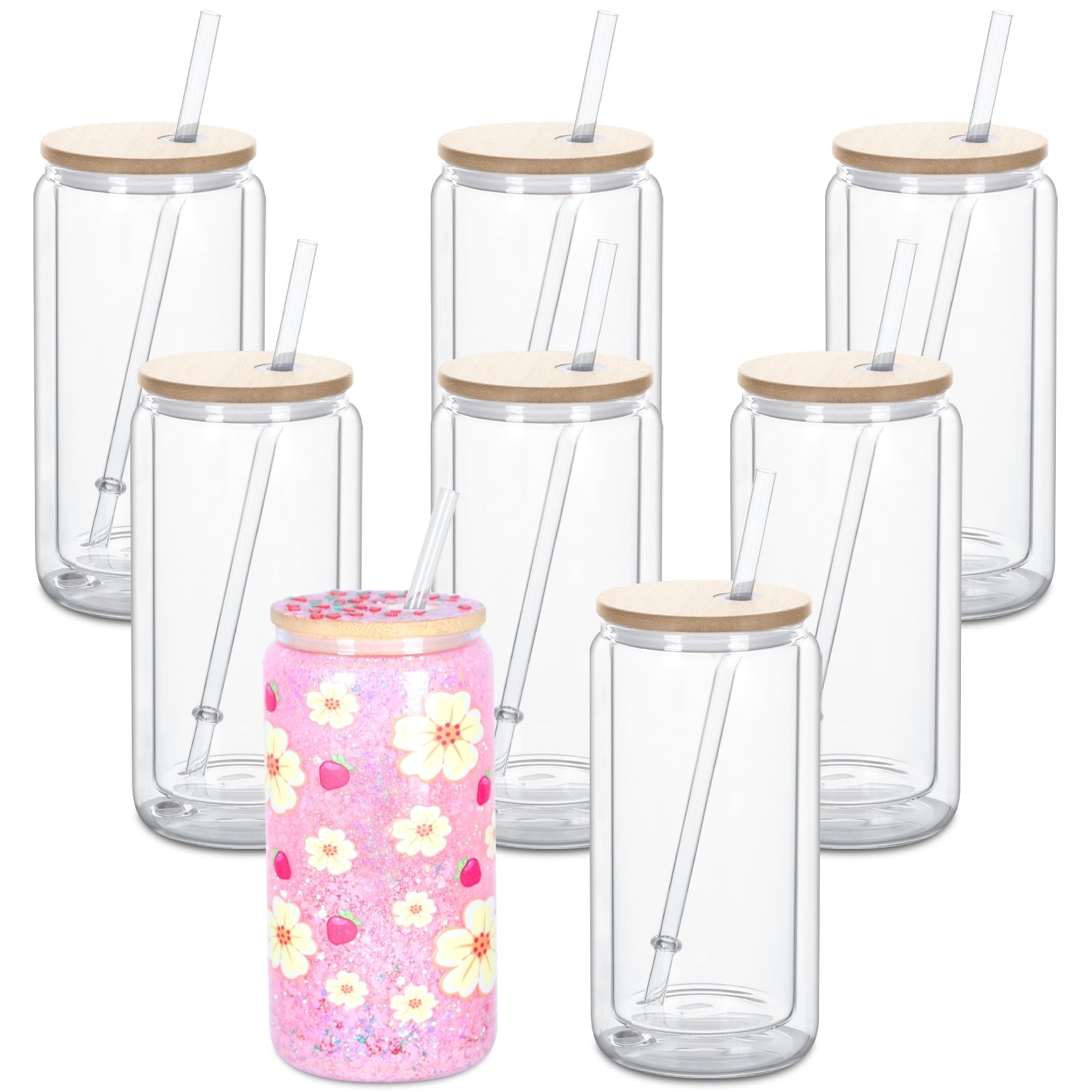 16 Oz Glass Snow Globe Tumbler with Bamboo Lid, 8 Pack Double Wall tumblers, Pre-Drilled Snow Globe cups for Glitter Diy Gifts (clear)
