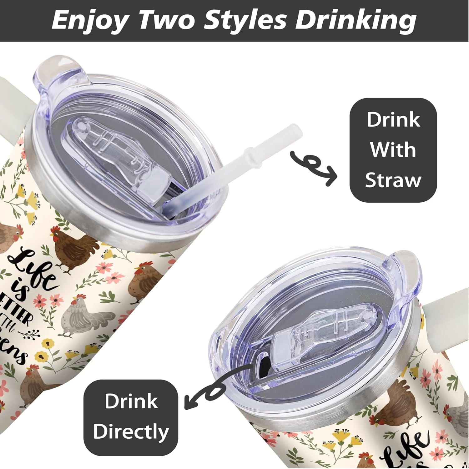 30 oz Chicken Tumbler with Handle and Straw, Floral Rooster Stainless Steel Vacuum Insulated Travel Coffee Mug Cup Water Bottle, Chicken Stuff Accessories Decor, Rooster Gifts for Women Girls
