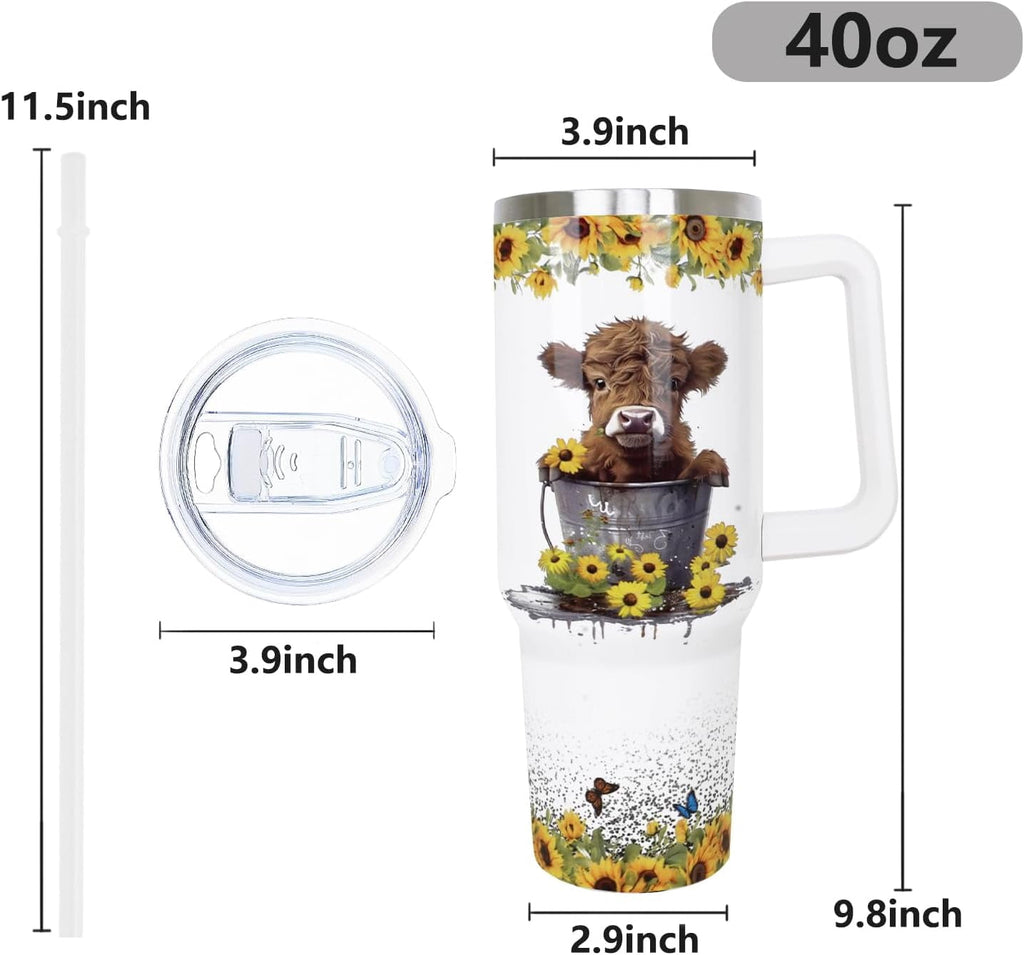 40 oz Tumbler with Handle and Straw, Highland Cow Tumbler with Leak Proof Lid, Reusable Stainless Steel Insulated Travel Coffee Mug, Highland Cow Gifts for Cow Lovers