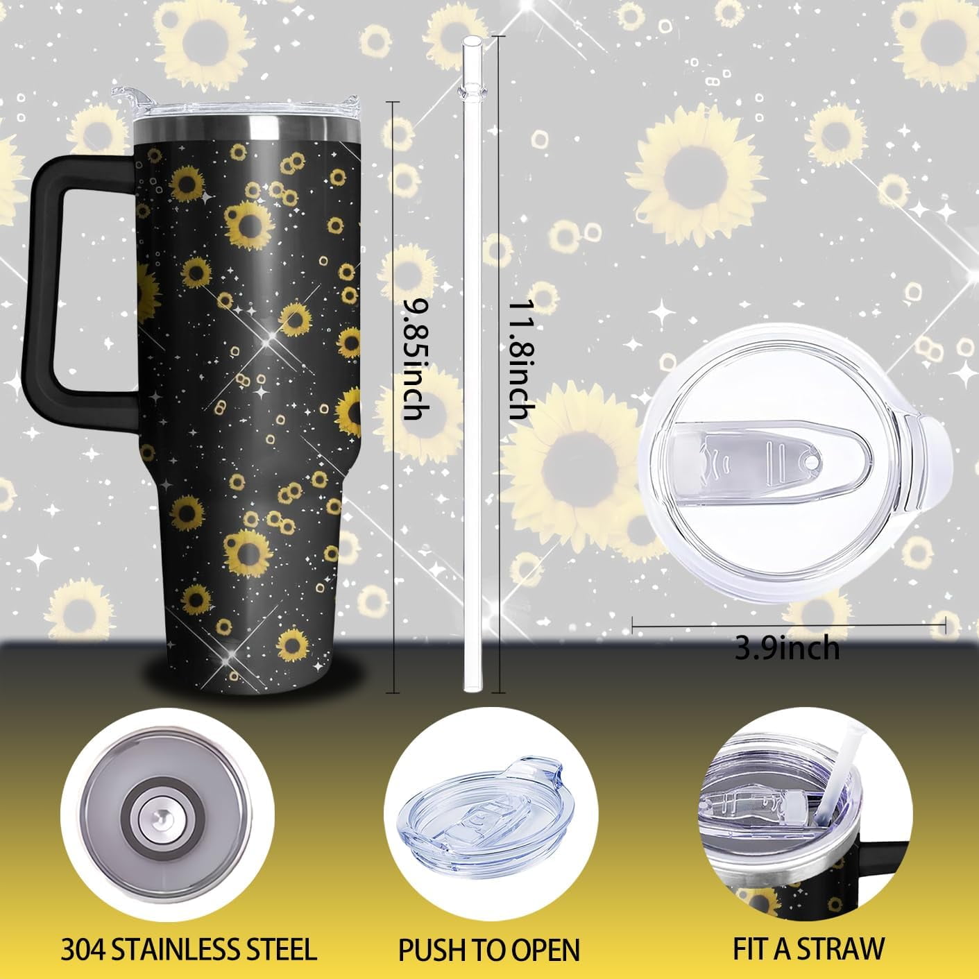 40oz Sunflower Tumbler with Handle and Straw, Shiny Stainless Steel Insulated Cup with Lid and Straw, Travel Coffee Mug Water Bottle, Birthday Mothers Day Gifts for Women Men Flowers Lovers